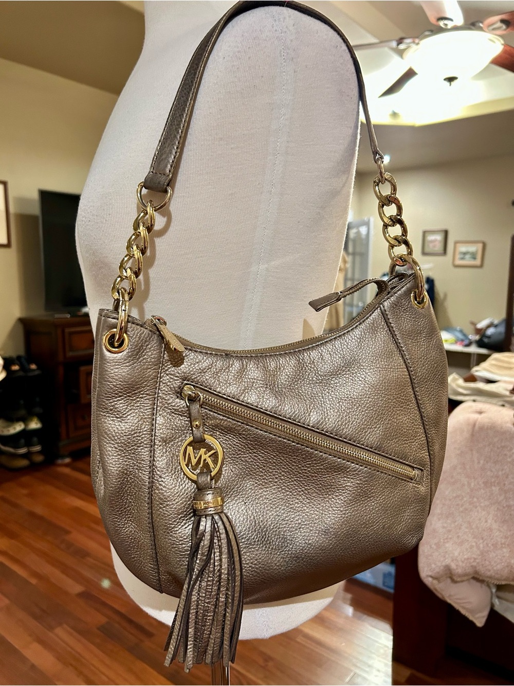 Michael Kors Metallic Taupe Pebbled Leather Shoulder Hobo with Tassel